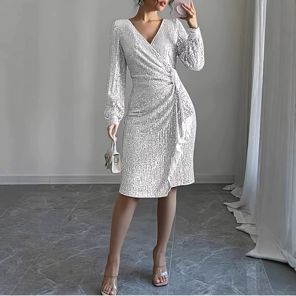 ZARA Women Solid Color Sequin Bodycon Long Sleeve Slit Dress